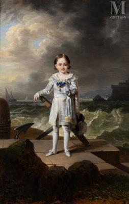 Portrait of Jérôme-Napoléon Bonaparte (1805-1870), known as "Bo", as a child, wearing the Order of the Crown of Westphalia, against a seascape.