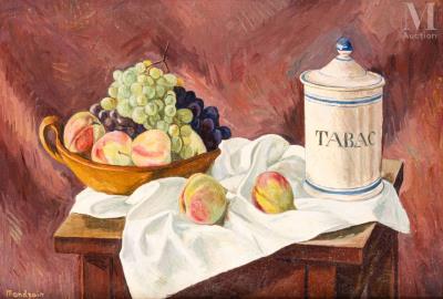 Still life with tobacco pot and peaches