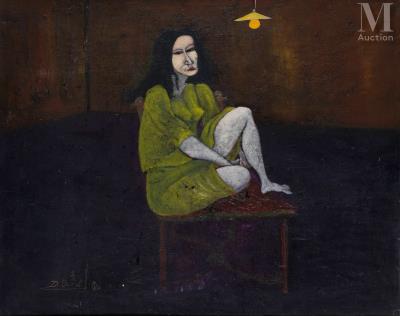 Woman seated in a room with a lamp
