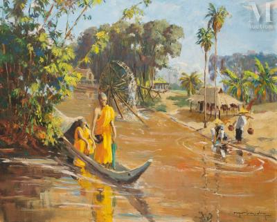 Monks on the river in Siem Reap