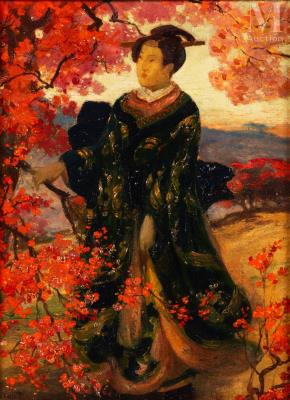 Geisha under a blossoming tree