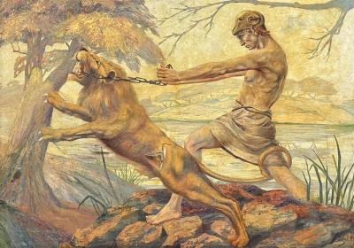 Symbolist depiction of Hercules strangling the Nemean lion