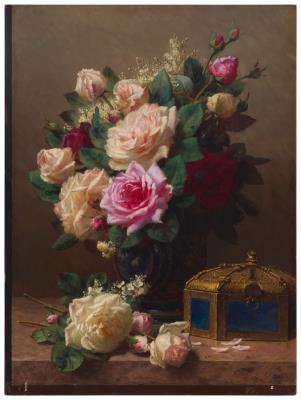 Still life with roses and case