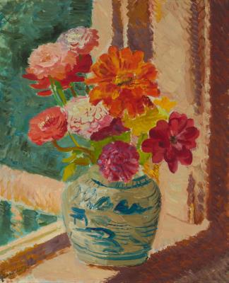 Floral still life in a blue and white vase