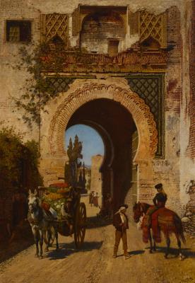 Figures, horse and cart near a Moorish gate, possibly the Alhambra, Granada, Spain