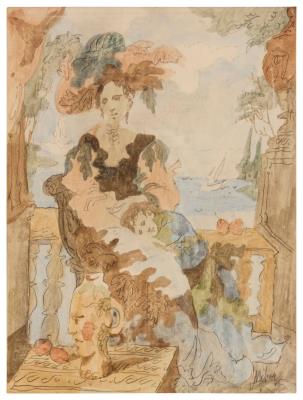 Woman and boy seated near the seaside