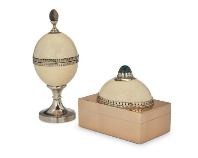 Two ostrich egg and silver plated metal boxes