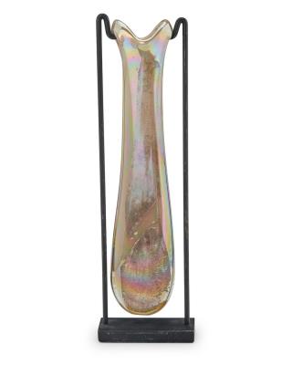 An art glass sculpture on a metal stand
