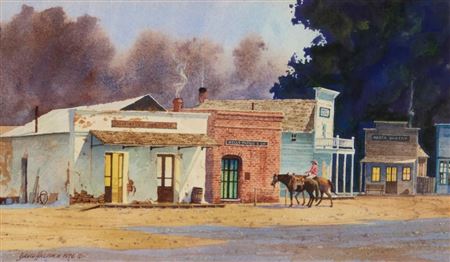 Cowboy and horses in an old west town