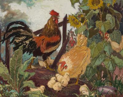 Rooster, hen and brood in a garden