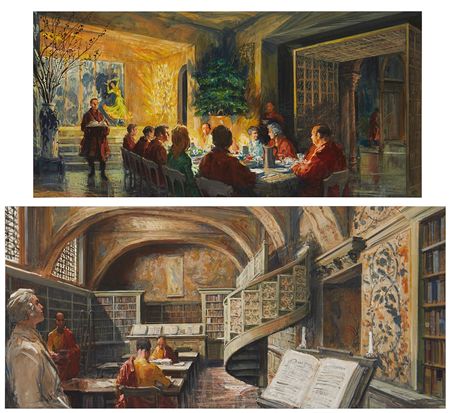 Figures seated at a table; Figures in a library