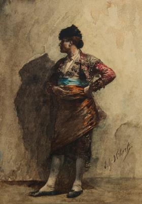 A full-length bullfighter in profile