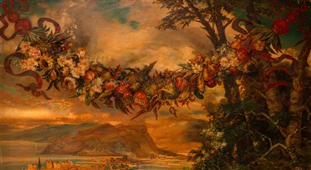 Vast lake landscape against a mountain backdrop with a garland of flowers and fruit in the foreground