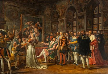 King Francis I of France presenting 1518 Raphael’s painting The Holy Family in the Galerie de Diane at the Palace of Fontainebleau by Anicet Charles Gabriel Lemonnier - Auction record, sale price, and art valuation. Compare with similar artists and explore comparable artworks.