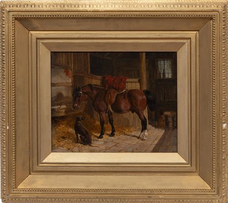 Bay and Hound in a Barn Stall