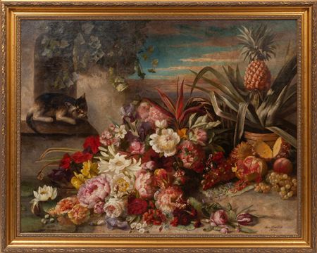 Cat Contemplating an Arrangement of Flowers and Fruit