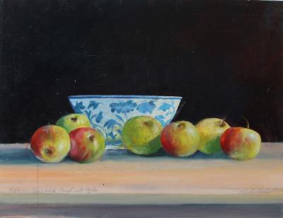 Hibicus blue and white bowl with apples