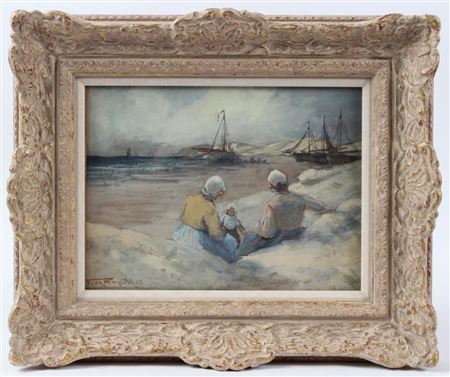 Beach scene with seated figures