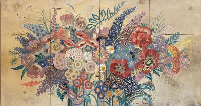 Rectangular view panel in white painted wood, sheathed in the central part with parchment leaves, with polychrome painted decoration of a spray of flowers in a glazed frame by Gaston Andre - Auction record, sale price, and art valuation. Compare with similar artists and explore comparable artworks.