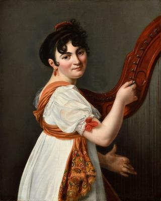 Presumed portrait of the Marquise de Chamillard tuning her harp