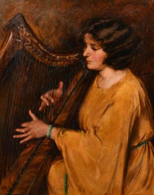 A Portrait of Mrs Orr playing a Clarsach