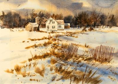 Farmhouse in Snowy Landscape (Includes painting study on reverse)