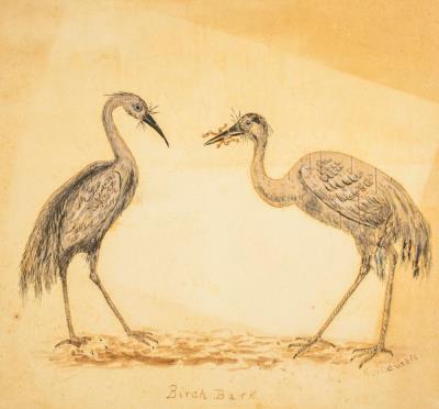 Birch Bark Mixed Media Folk Art Heron Drawing