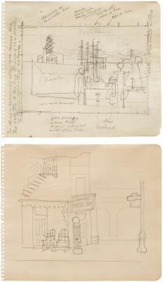 Drawing for 'Early American Landscape No. 2' and Corner View of Barber Shop and Street Sign - Image 1 of 2