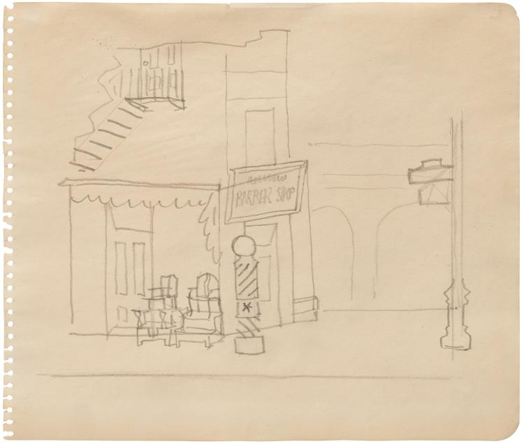 Drawing for 'Early American Landscape No. 2' and Corner View of Barber Shop and Street Sign - Image 2 of 2