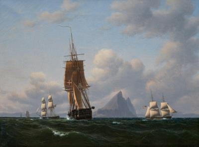 The Frigate Thetis, a Danish Naval Brig and a Brig under American Flag off the Coast of Gibraltar