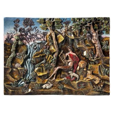 Glazed ceramic relief depicting Orpheus (Relief panel depicting Orpheus) by Pietro Melandri - Auction record, sale price, and art valuation. Compare with similar artists and explore comparable artworks.