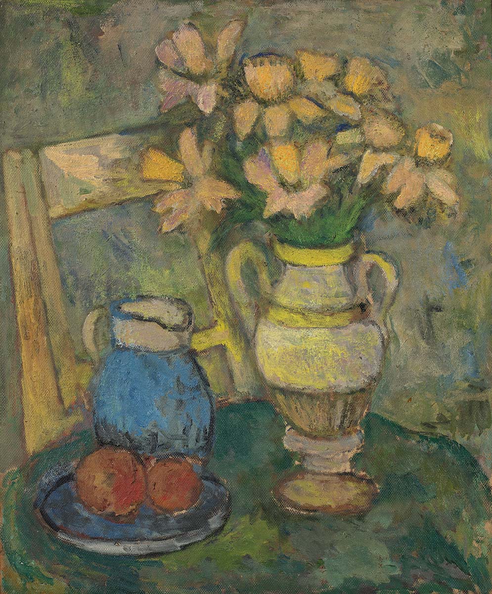 Still Life with Yellow and Pink Flowers and a Chair