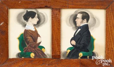 Pair of miniature watercolor profile portraits