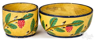 Turned and painted cup and saucer (strawberry vine on yellow ground)