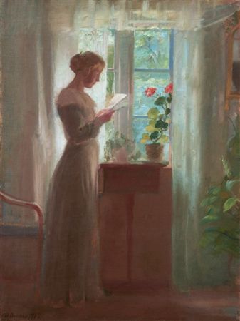Young Girl Reading a Letter (Ung pige, der læser et brev) by Anna Kirstine Brondum Ancher - Auction record, sale price, and art valuation. Compare with similar artists and explore comparable artworks.