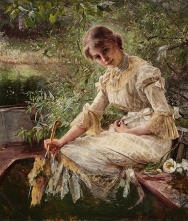 A Young Woman, Marie Triepcke, Sitting in a Boat (En ung pige, Marie Triepcke, siddende i en båd) by Bertha Wegmann - Auction record, sale price, and art valuation. Compare with similar artists and explore comparable artworks.