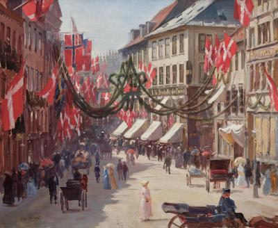 Flag Day in Copenhagen on a Summer Day, in Vimmelskaftet (Der flages, sommerdag i Vimmelskaftet)