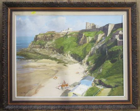 Beach scene with ruins on the cliff