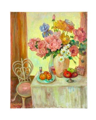 Still life with vase of flowers and fruit