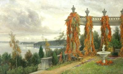 Wannseeufer mit bewachsener Pergola und kleinem Gartenbrunnen.