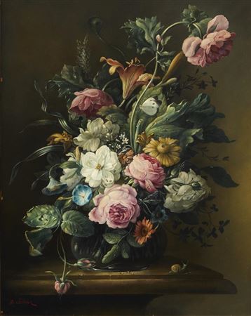 Floral still life with peonies, lilies, and convolvulus in a vase on a ledge, with a snail, butterfly, and dragonfly