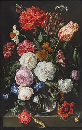 Floral still life, with peonies, tulips, and hellebores in a glass vase on a ledge, with a snail, butterfly, ladybird, and other insects by Frederick Victor Bailey - Auction record, sale price, and art valuation. Compare with similar artists and explore comparable artworks.