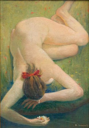 Reclining female nude with a flower