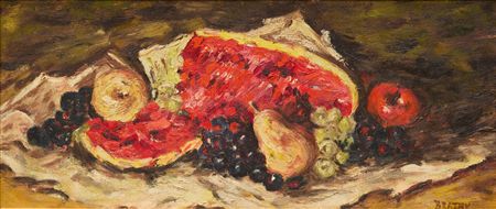 Still life with a watermelon, pears and grapes by John Randall Bratby - Auction record, sale price, and art valuation. Compare with similar artists and explore comparable artworks.