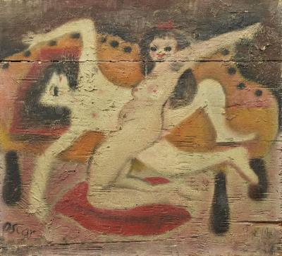 Interior scene with two female nudes