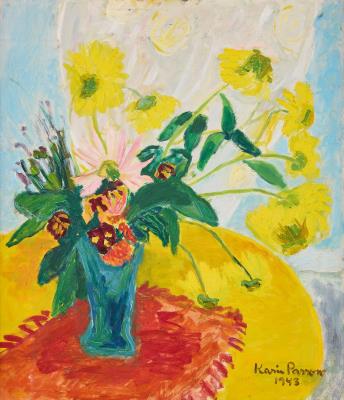Still life with dahlias and asters by Karin Parrow - Auction record, sale price, and art valuation. Compare with similar artists and explore comparable artworks.
