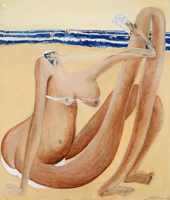 Woman on the Beach Reading an Art Catalogue