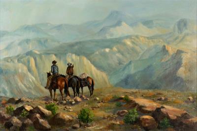 Mountain landscape with two cowboys