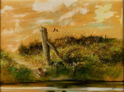 Rural scene with birds on a fence post
