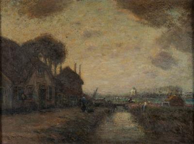 Dutch landscape with figures around a farmhouse by a canal